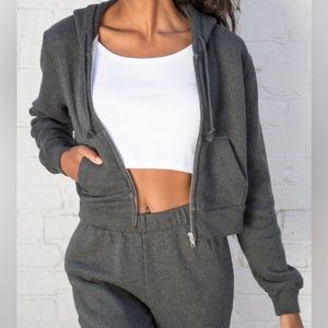 Brandy Melville Crystal Cropped Zip Hoodie Dark Gray John Galt